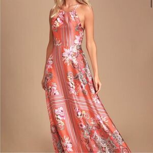 NWT Lulus Whirlwind Coral Pink Multi Scarf Print Satin Maxi Dress, Size XS